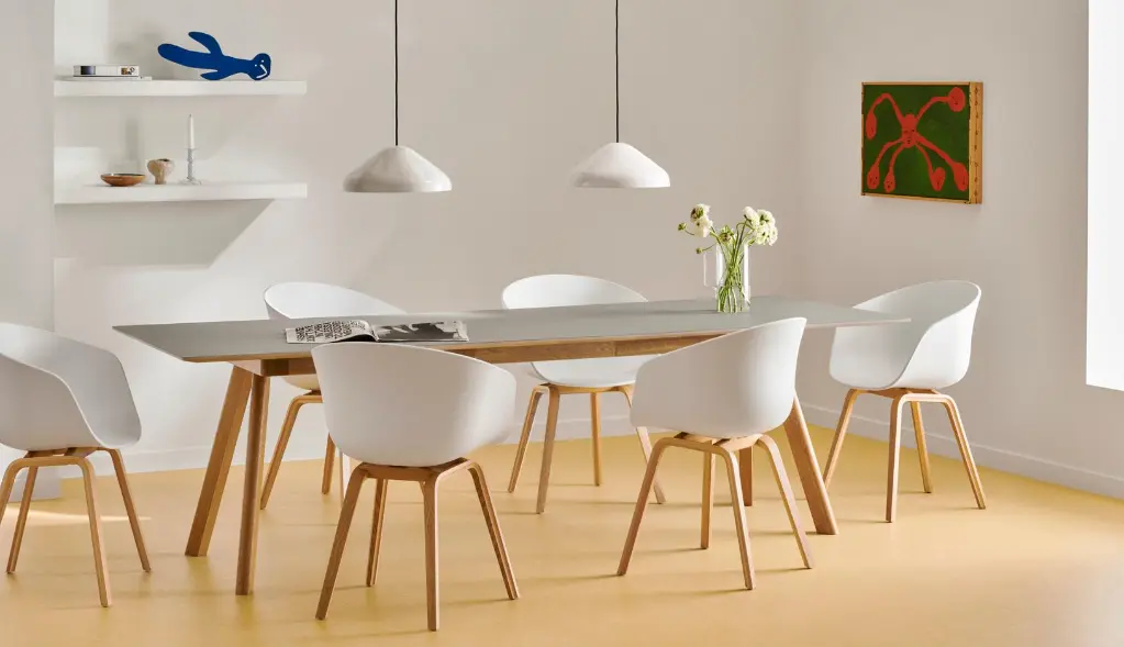 CPH 30 Extendable Table grey lino wb lacquer oak_AAC 22 2.0 white shell wb lacquer oak_Pao Steel Pendant 350 cream white.webp