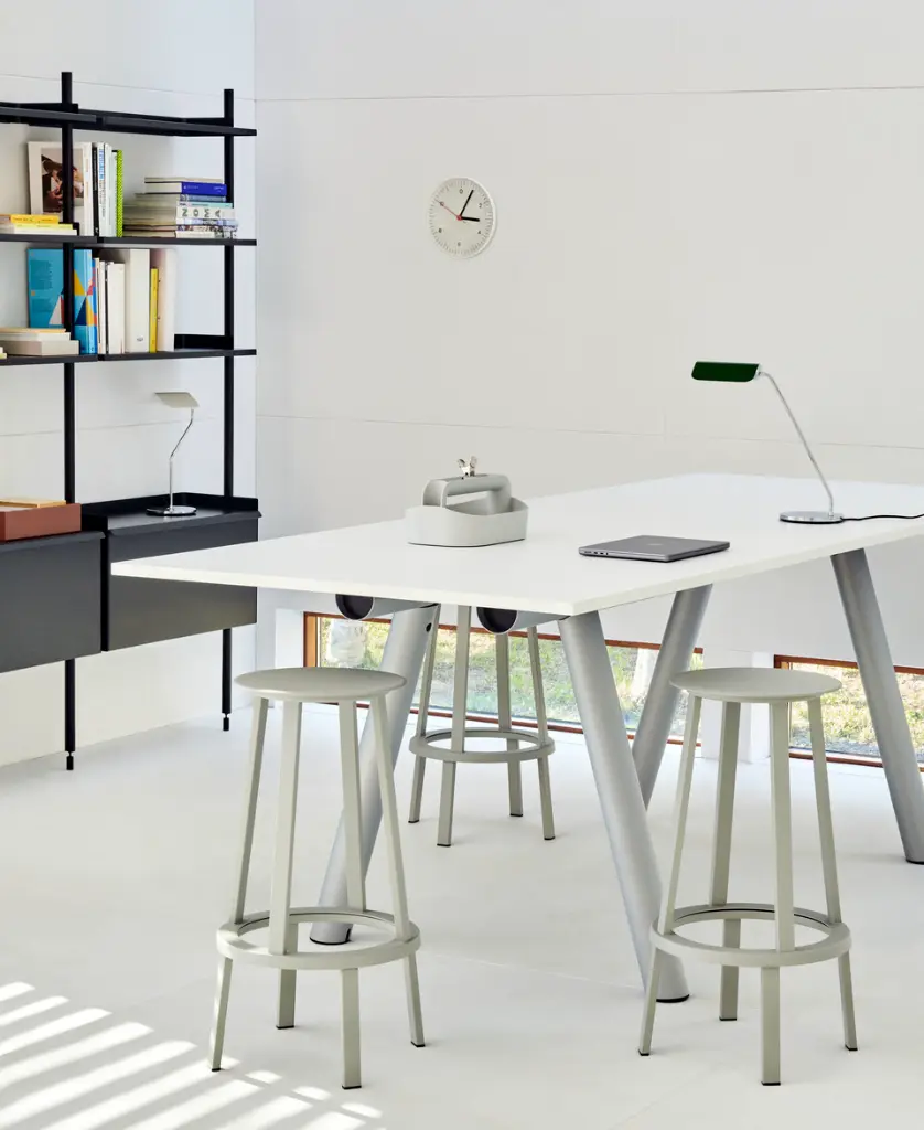 Boa High Table L280xW110xH95 white laminate metallic grey powder coated frame_Revolver Bar Stool High sky grey 01.webp