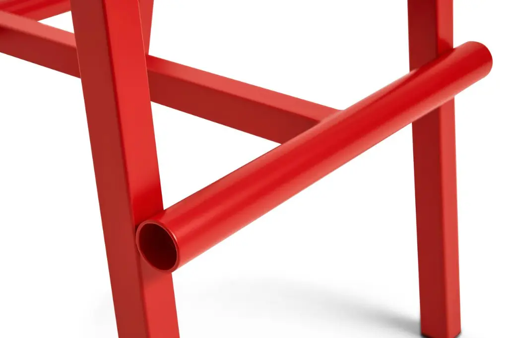 AE437-A406_Taburete 8 Bar Stool H75 wb lacquered oak veneer seat_signal red powder coated base_detail 02.webp