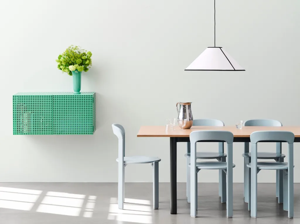 Perforated Cabinet Wall S soft jade_Rey Chair slate blue_Ava Cone Pendant 600 white_Annex Table Overhang charcoal alu wb lacquered oak tabletop 02.webp