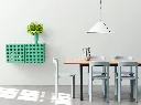 Perforated Cabinet Wall S soft jade_Rey Chair slate blue_Ava Cone Pendant 600 white_Annex Table Overhang charcoal alu wb lacquered oak tabletop 02.webp