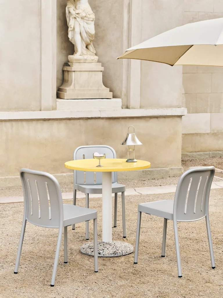 Deville Chair silver grey_Ceramic Table bright yellow_Italian Dessert Cup_Mousqueton Portable stainless steel.webp